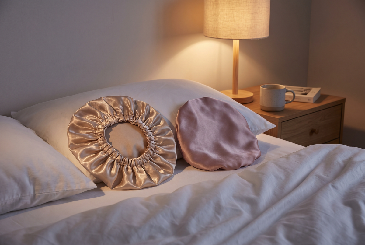 Bonnet de nuit en satin champagne et bonnet en soie rose poudré posés côte à côte sur un lit aux draps blancs