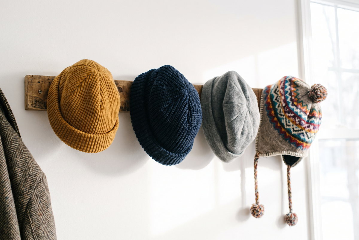 Bonnet docker, bonnet marin, beanie et bonnet péruvien à rabats accrochés à une patère en bois dans une entrée