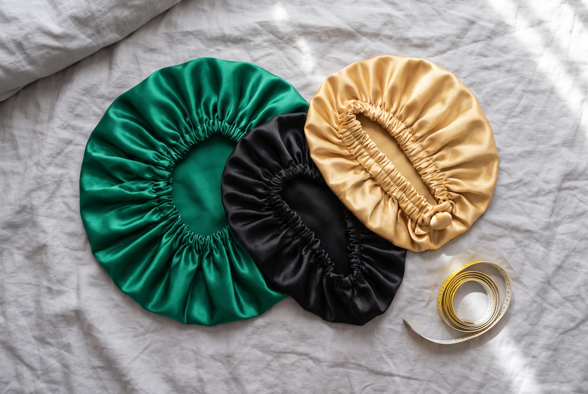 Bonnets de nuit en satin grand volume et forme longue avec bandeau large, étalés sur un lit à côté d'un mètre ruban Image