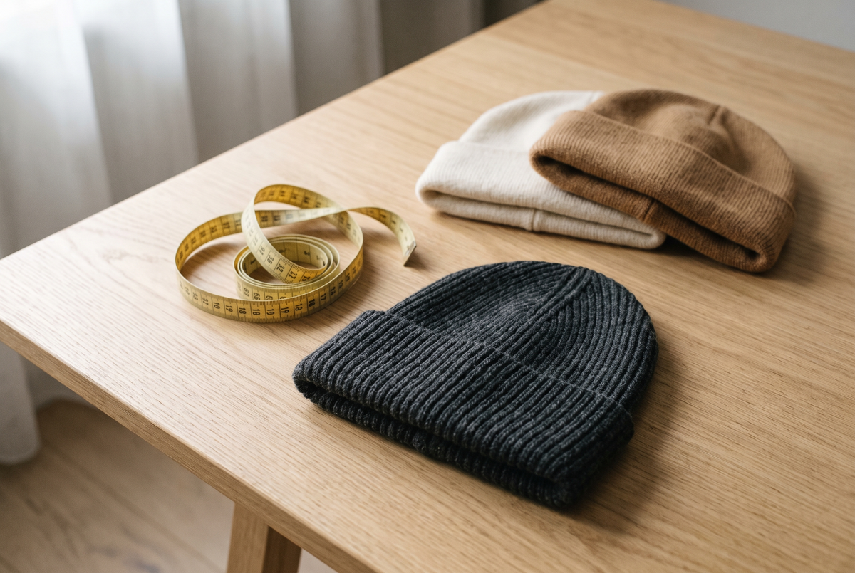 Mètre ruban de couturière enroulé à côté de bonnets en maille pliés sur une table en bois clair Image