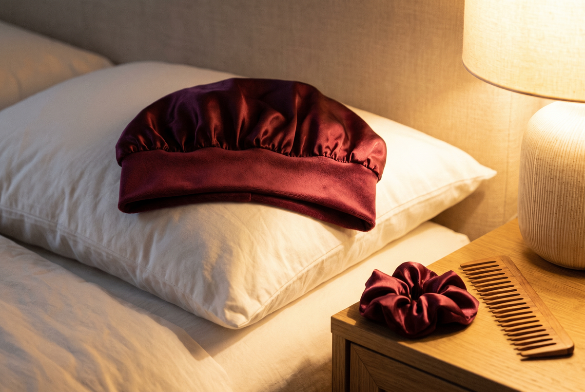 Bonnet de nuit en satin bordeaux posé sur un oreiller, à côté d'un chouchou en satin et d'un peigne à dents larges Image