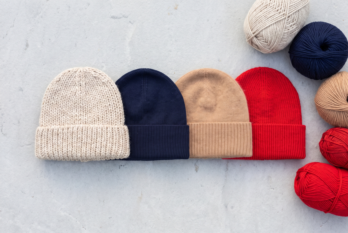 Quatre bonnets en maille de matières différentes alignés sur une table, laine épaisse, mérinos fin, cachemire et acrylique coloré Image