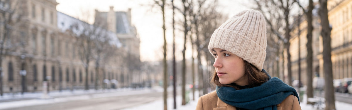 Femme portant un bonnet en laine côtelé crème et une écharpe bleu pétrole sur un boulevard enneigé