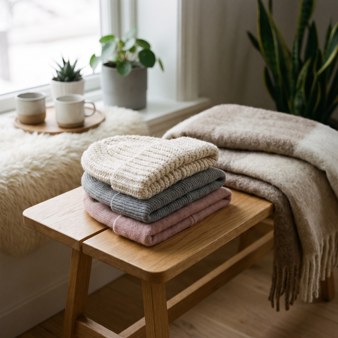 Bonnets en laine crème, mérinos gris et cachemire rose pliés sur un banc en chêne près d'une fenêtre