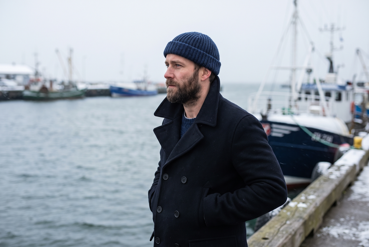 Homme barbu portant un bonnet docker bleu marine sur un quai de port en hiver Image