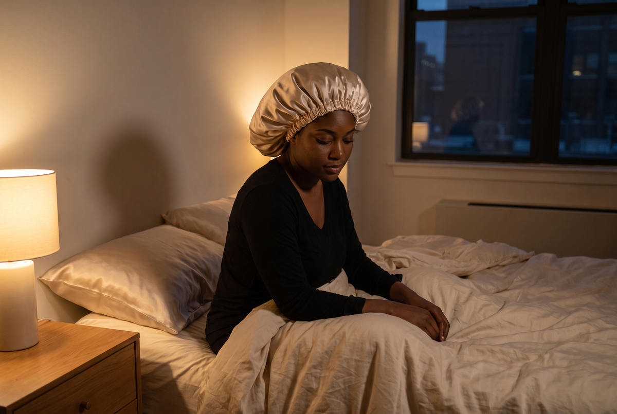 Femme aux cheveux bouclés portant un bonnet en satin champagne, assise sur son lit le soir Image