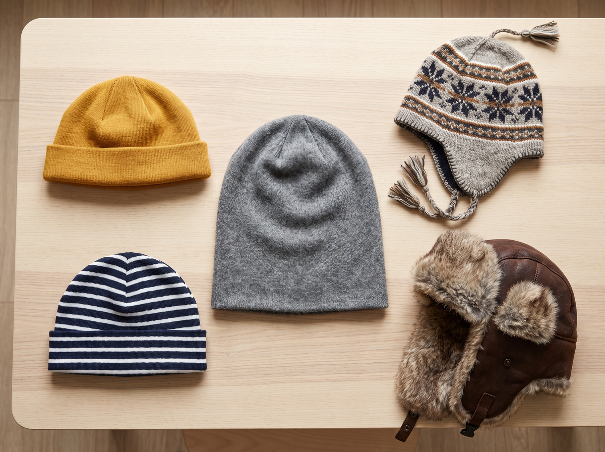 Bonnet docker moutarde, bonnet marin rayé, bonnet long gris, bonnet péruvien et chapka posés à plat