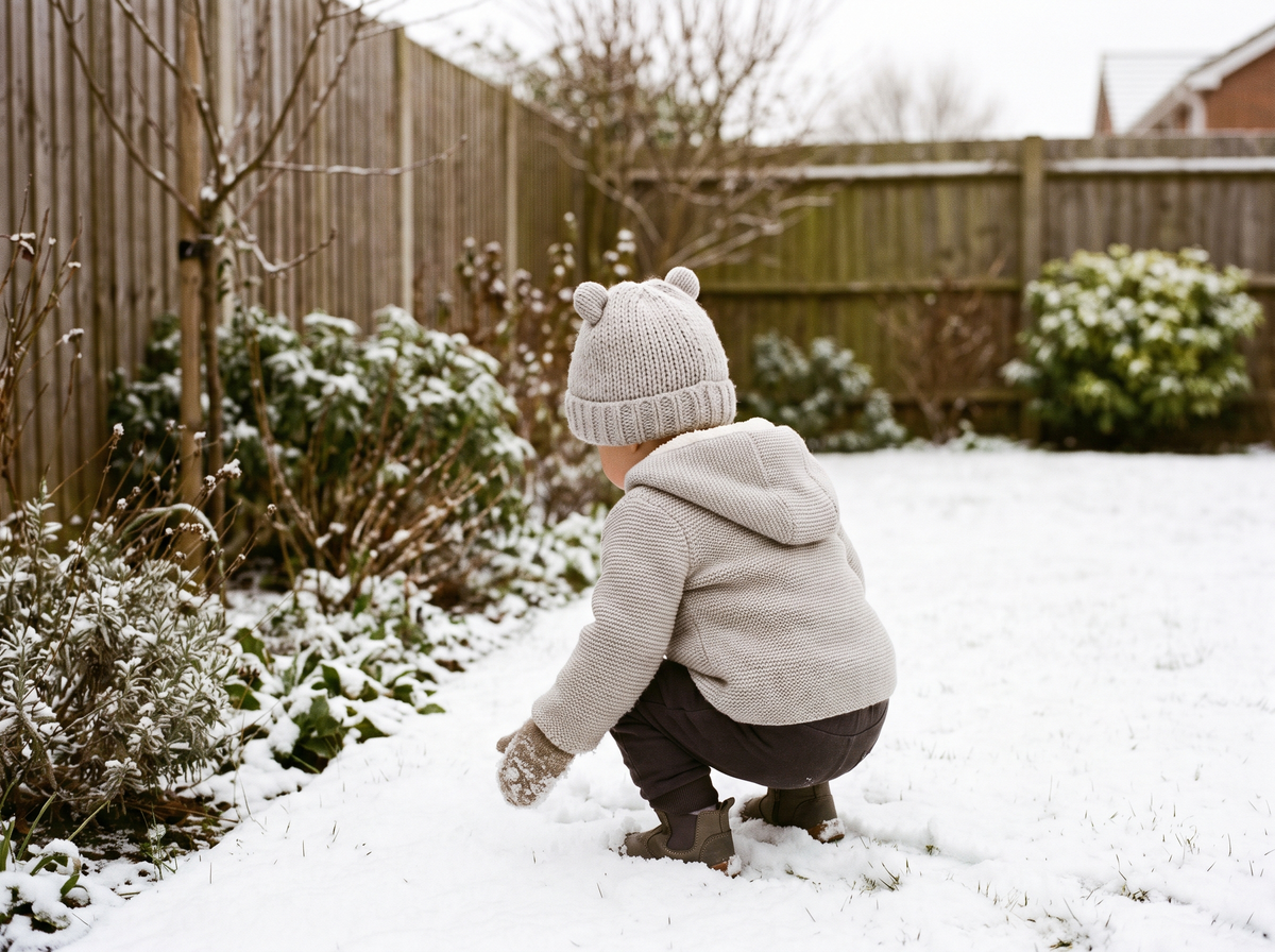 Jeune enfant de dos jouant dans la neige avec un bonnet en maille gris à oreilles