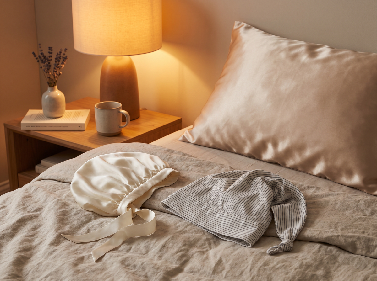 Bonnet de nuit en soie ivoire et bonnet en coton posés sur un lit avec taie en satin