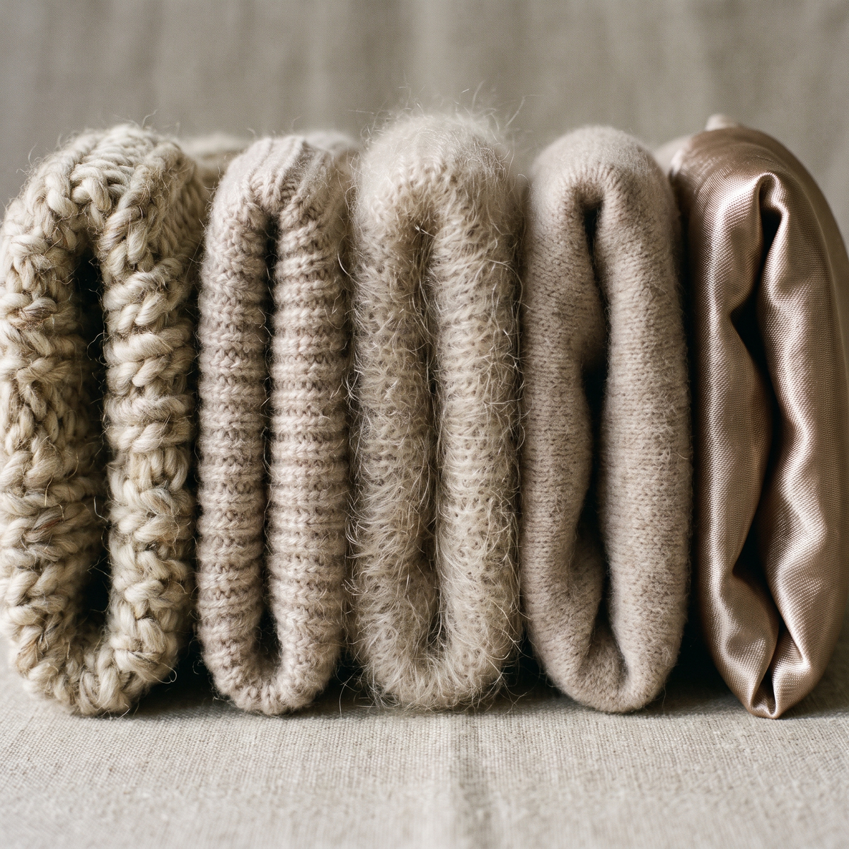 Mailles de laine épaisse, mérinos, mohair, cachemire et tissu satin alignées côte à côte Image